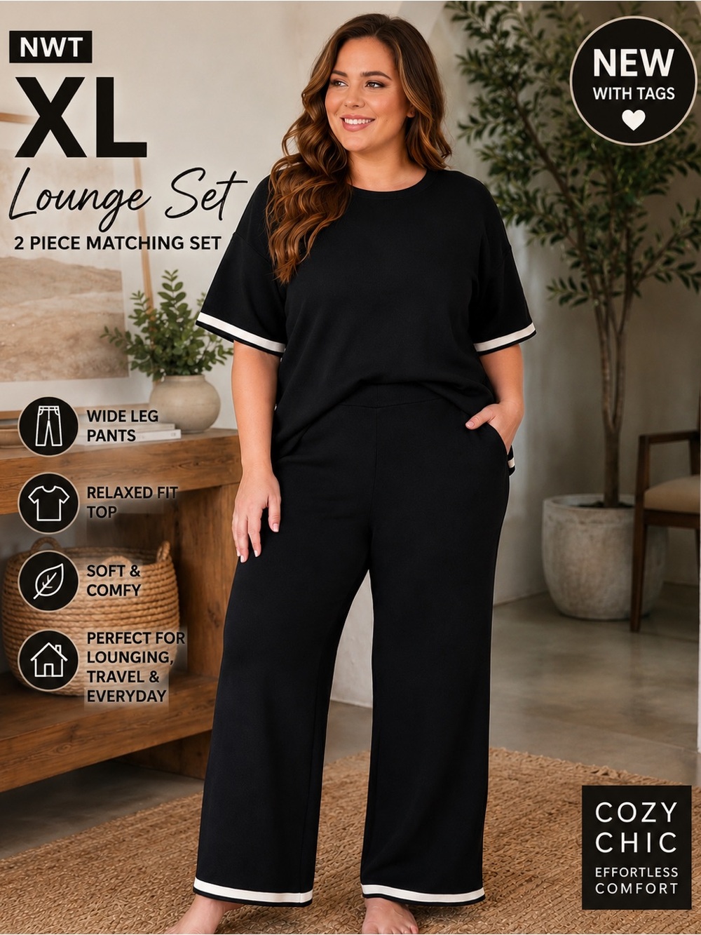 NWT XL Black 2 Piece Lounge Set Wide Leg Pants Matching Set Plus Size Cozy Chic